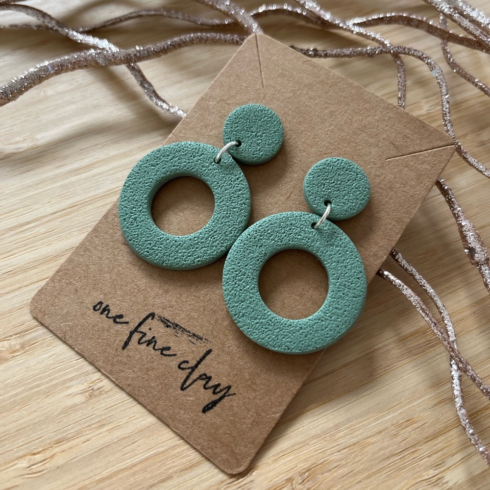 Sage Green Textured Circle Clay Dangle Earrings
